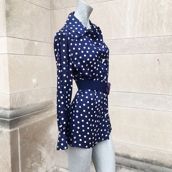 Vintage 70s Navy Blue Polka Dot Wide Collar Shirt