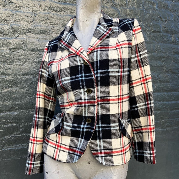 Vintage 80s Ivory White Red Blue and Black Plaid … - image 2