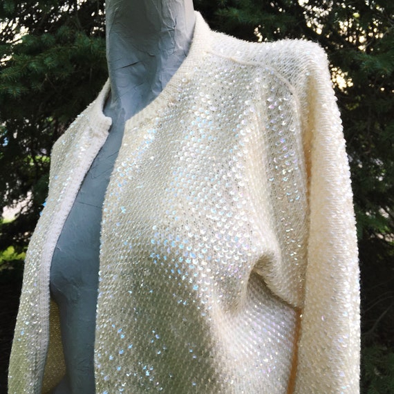 Vintage 60s Ivory White Sequin Cardigan   medium … - image 2