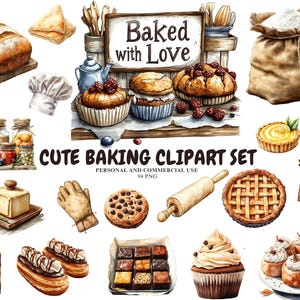 Cute Baking Sweet Treats Clipart Pack Bundle Cupcakes Backing Tools, Baking PNG Desserts Vintage Baking Watercolor Desserts, Commercial Use