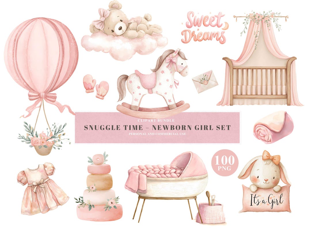 Pastel Pink Newborn Girl Clipart Bundle – Watercolor Baby Elements ...