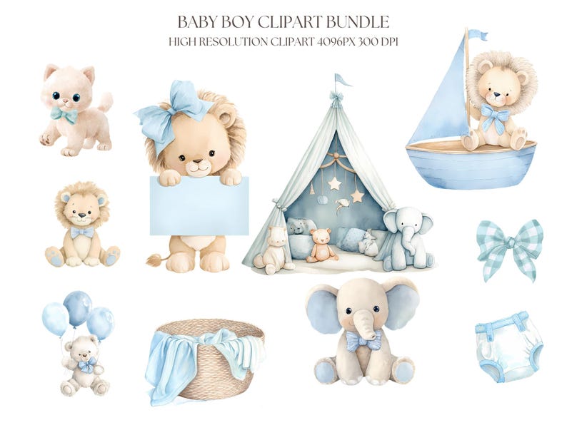 Baby Boy Watercolor Clipart Bundle | Blue Nursery Decor (digital ...