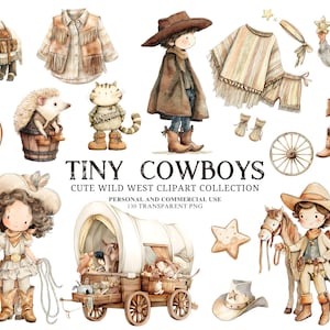 Tiny Cowboy Clipart Set Cute Wild West PNG, Western Cowboy Girl Boy Illustrations, Rodeo Nursery Graphics, Seamless Patterns Commercial Use