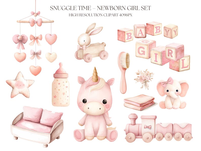 Pastel Pink Newborn Girl Clipart Bundle – Watercolor Baby Elements ...