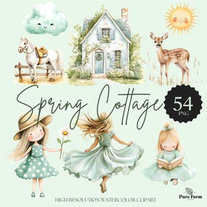 Frühling Cottage Aquarell Clipart Bundle Tiere Aquarell Blumen Cottage Core PNG Aufkleber Kinder Clipart Kommerzielle Nutzung Cottage Core Mädchen