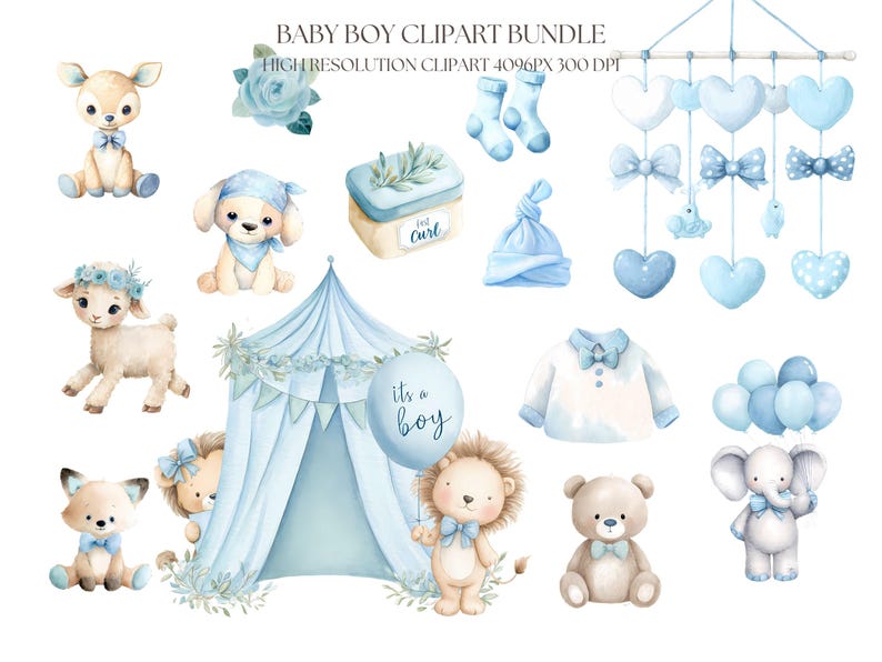 Baby Boy Watercolor Clipart Bundle | Blue Nursery Decor (digital ...