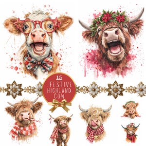 Feestelijke hooglandkoe kerst clipart, leuke vakantie koe, grappige aquarel koeien, boerderij kerstmis digitale download junk Journal, digitale ambacht