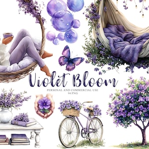 Paquete de imágenes prediseñadas de flores violetas, cabaña de acuarela, PNG floral morado, pegatinas para planificador, PNG de primavera para uso comercial, imágenes prediseñadas caprichosas