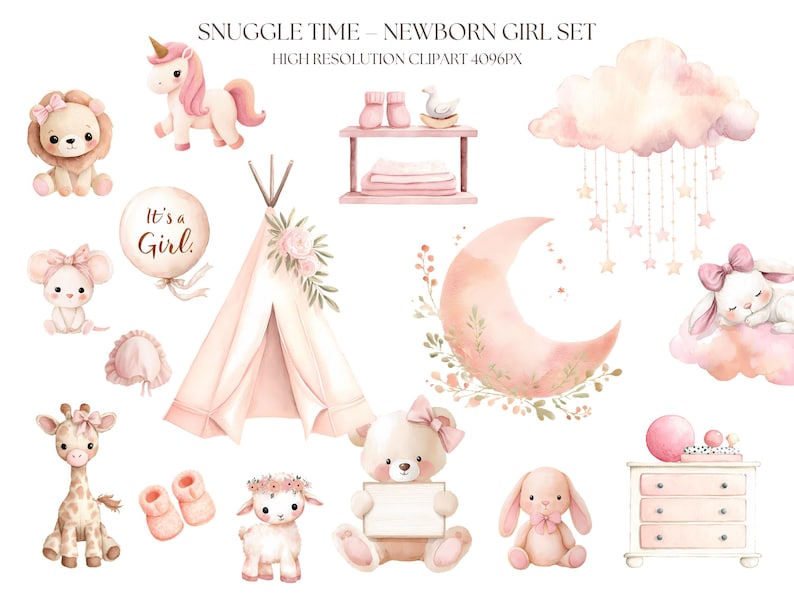 Pastel Pink Newborn Girl Clipart Bundle – Watercolor Baby Elements ...