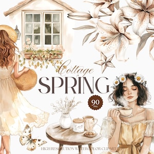 Cottage primavera acquerello clipart acquerello, accogliente fattoria estetica cottagecore clip art, rustico clipart, vintage png belle ragazze