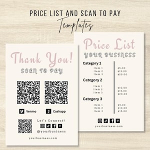Modèle de liste de prix | Modèle de liste de prix modifiable | Enseigne du vendeur du marché | Panneau de paiement imprimable avec code QR