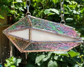 Natural Geometric Crystal Stained Glass Window Hanger Hanging chain Iridescent shimmer Tiffany Copper Foil Style Solder Leaded Handmade New