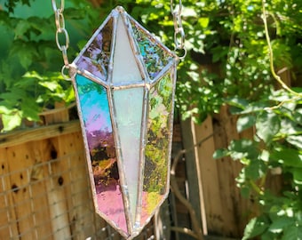 Natural Geometric Crystal Stained Glass Window Hanger Hanging chain Iridescent shimmer Tiffany Copper Foil Style Solder Leaded Handmade New