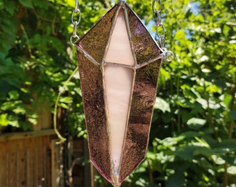 Natural Geometric Crystal Stained Glass Window Hanger Hanging chain Iridescent shimmer Tiffany Copper Foil Style Solder Leaded Handmade New