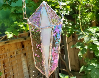 Natural Geometric Crystal Stained Glass Window Hanger Hanging chain Iridescent shimmer Tiffany Copper Foil Style Solder Leaded Handmade New