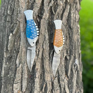 May include: Two fish-shaped pocket knives with stainless steel blades. One knife has a blue body with white dots, the other has a brown body with white dots. Both knives are open, revealing the blades.