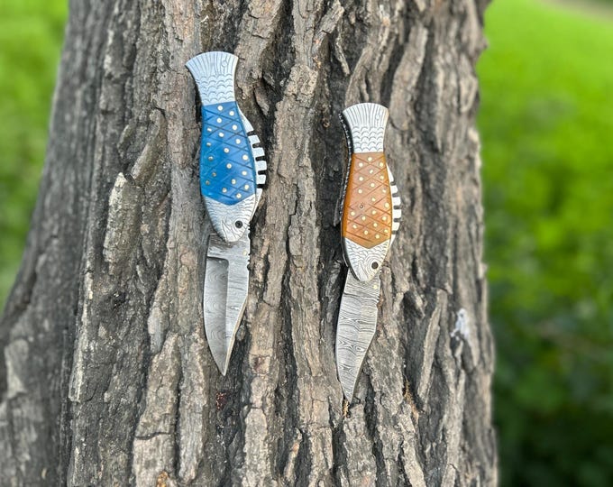 Handmade Fish Pocket Knife Damascus Folding Knife Special Gift for Any Occasion Personalized Gift USA Anniversary Gift for Dad Gift For  him
