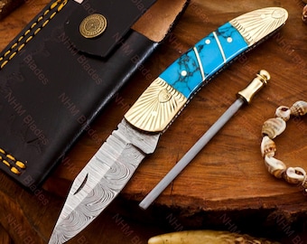 Navaja plegable de Damasco hecha a mano con mango de piedra, navaja de bolsillo, regalo de cumpleaños para papá e hijo, regalo para esposo, regalo para padrinos de boda, regalo para él/ella.