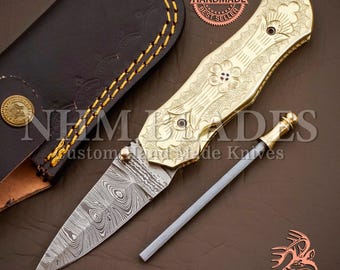 Hand Made Damascus steel Engraved Folding Knife Pocket Knife Anniversary Gift for Birthday Gift Groomsmen Gift For Dad Birthday Gift For Him