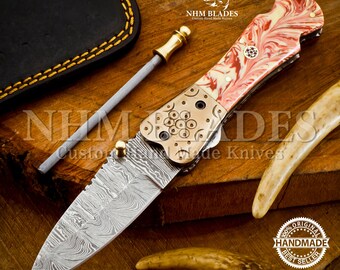 Aangepaste handgemaakte Damascus stalen zakmes, verjaardagscadeau, bruidsjonkers cadeau, verjaardagscadeau voor vader en zoon Cadeau voor hem/haar