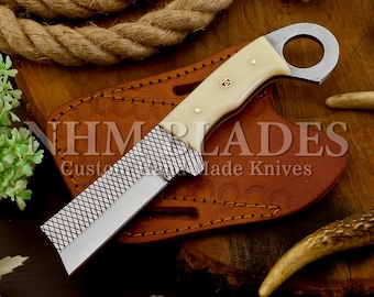 Cuchillo Bowie de Damasco: Cuchillo Cowboy Bull de acero escocés, funda de cuero hecha a mano