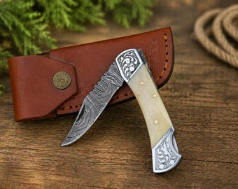 Coltello tascabile Damasco fatto a mano, coltello pieghevole, regalo di compleanno, regalo per i testimoni dello sposo, regalo di anniversario, regalo di nozze, regalo del Ringraziamento, regalo d'amore per papà e figlio