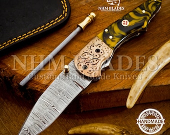 Custom Handmade Damascus Steel Pocket Folding Knife Hunting Camping Knife Groomsmen Gift Anniversary Gift For Dad & Son Gift for Him / Her