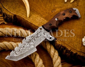 Handmade Damascus Steel Tracker Knife: Micarta Handle, Leather Sheath