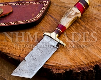 Handmade Damascus Knife, Stag Horn Handle Knife Christmas gift Personalized Unique Gift New Year Gift, Anniversary USA Man Gift For Him