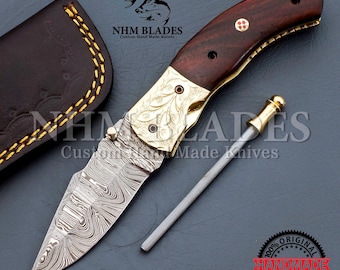 Navaja plegable de Damasco, navaja plegable de acero de Damasco hecha a mano, navaja de bolsillo para hombres, mujeres, padrinos de boda, regalo, navaja de camping, regalo para él, navaja EDC