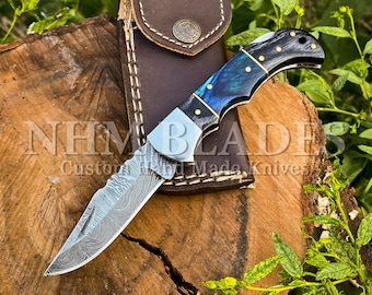 Handmade Pocket Knife Gift for Him Damascus Knife 13th Anniversary Birthday Gift Father Day Gift Groomsmen Christmas Gift For Him / Her