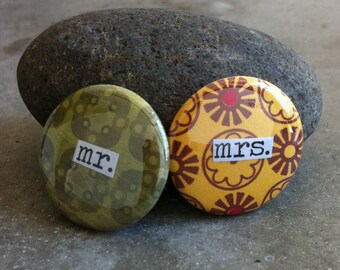 Mr. & Mrs. Set - Collage Pinback Button, Magnet, Zipper Pull, Mirror, Bottle Opener, or Ornament