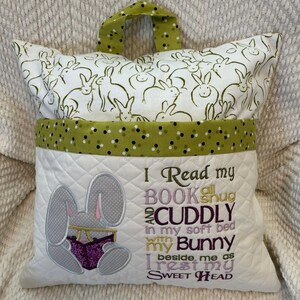 Personalized Bunny Reading Pillow with Book Pocket: Embroidered Kids Cushion