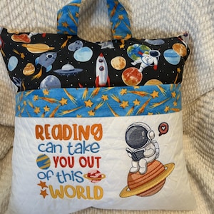 Astronaut on Planet reading pillow, personalized pillow with book pocket,  book pillow,  book cushion