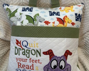 Personalized Dragon Reading Pillow with Embroidered Book Pocket