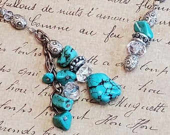 Beaded bookmark, Book thong, Book jewelry, Bookish gift, Reader gift, Book bling, Turquoise and crystal with silver