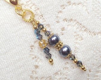 Purse charm, Handbag charm, Backpack charm, Bookbag charm, Steel blue/gray pearls and gold accent charm, pearl crystal zipper pull