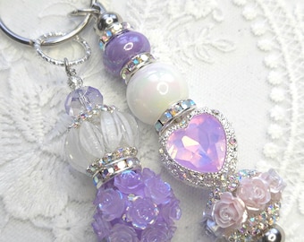 Beaded Purse charm, Handbag charm, Backpack charm, Bookbag charm, lavender heart accent charm, lavender and silver purse charm, keychain