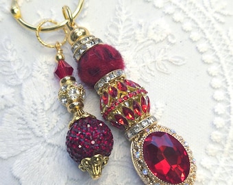 Beaded Purse charm, Handbag charm, Backpack charm, Bookbag charm, red accent charm, red and gold purse charm, keychain