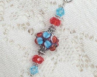 Beaded keychain, Purse charm, Handbag charm, Backpack charm, Bookbag charm, blue red and silver accent charm, lampwork flowers purse charm