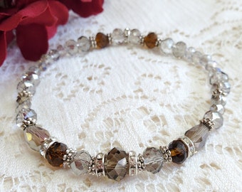 Smokey crystal beaded bracelet, shades of gray bracelet, womens bracelet, womens jewelry, gray and silver, plus size bracelet