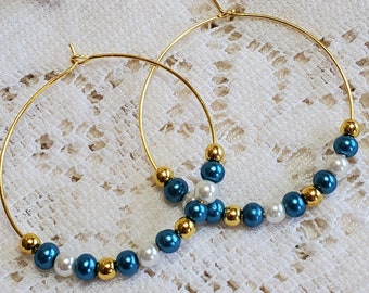 Hoop earrings, Beaded hoop earrings, Women's jewelry, gold hoop earrings, blue pearl gold