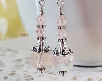 Dangle earrings, pink iridescent crystals with silver, Women's jewelry, Fashion jewelry, drop earrings