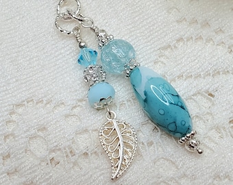 Leaf purse charm, Handbag charm, Backpack charm, Bookbag charm, Light aqua accent charm, leaf zipper pull, leaf accessory charm