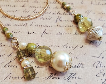 Beaded bookmark, Book thong, Book jewelry, Bookish gift, Reader gift, Book bling, olive green and pearl with gold