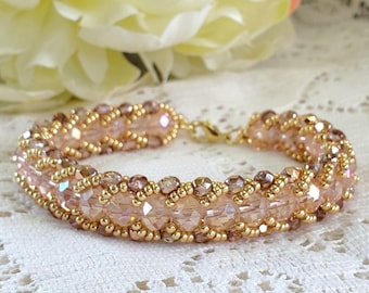 Sparkling spiral peach salmon bracelet, handbeaded bracelet, womens bracelet, womens jewelry, beaded bracelet, peach salmon and gold