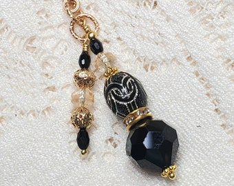 Black and crystal purse charm, Handbag charm, Backpack charm, Bookbag charm, black and gold accent charm, Black bag charm, keychain