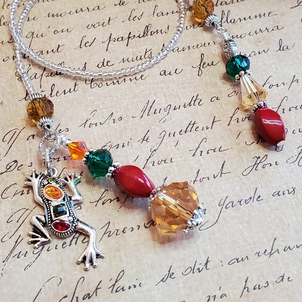 Beaded bookmark, Book thong, Book jewelry, Bookish gift, Reader gift, Book bling, multi color and silver with jeweled frog