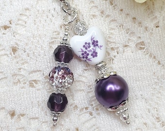 Purse charm, Handbag charm, Backpack charm, Bookbag charm, purple and silver accent charm, purple flower heart charm