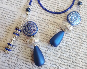 Beaded bookmark, Book thong, Book jewelry, Bookish gift, Reader gift, Book bling, Blue and silver with blue crystals, sunburst design